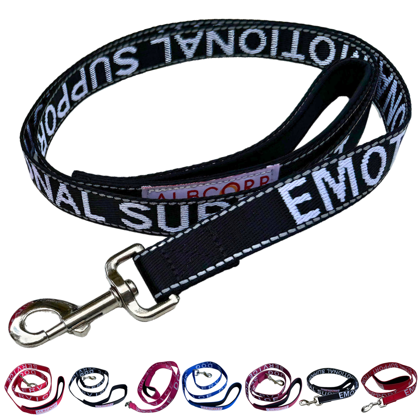 Albcorp Service Dog Leash - Embroidered- Emotional Support Dog Leash with Padded Neoprene Handle and Reflective Threads, 4 Feet, for Harnesses, Vests or Collars-Service Dog Leash-AlbCorpShop