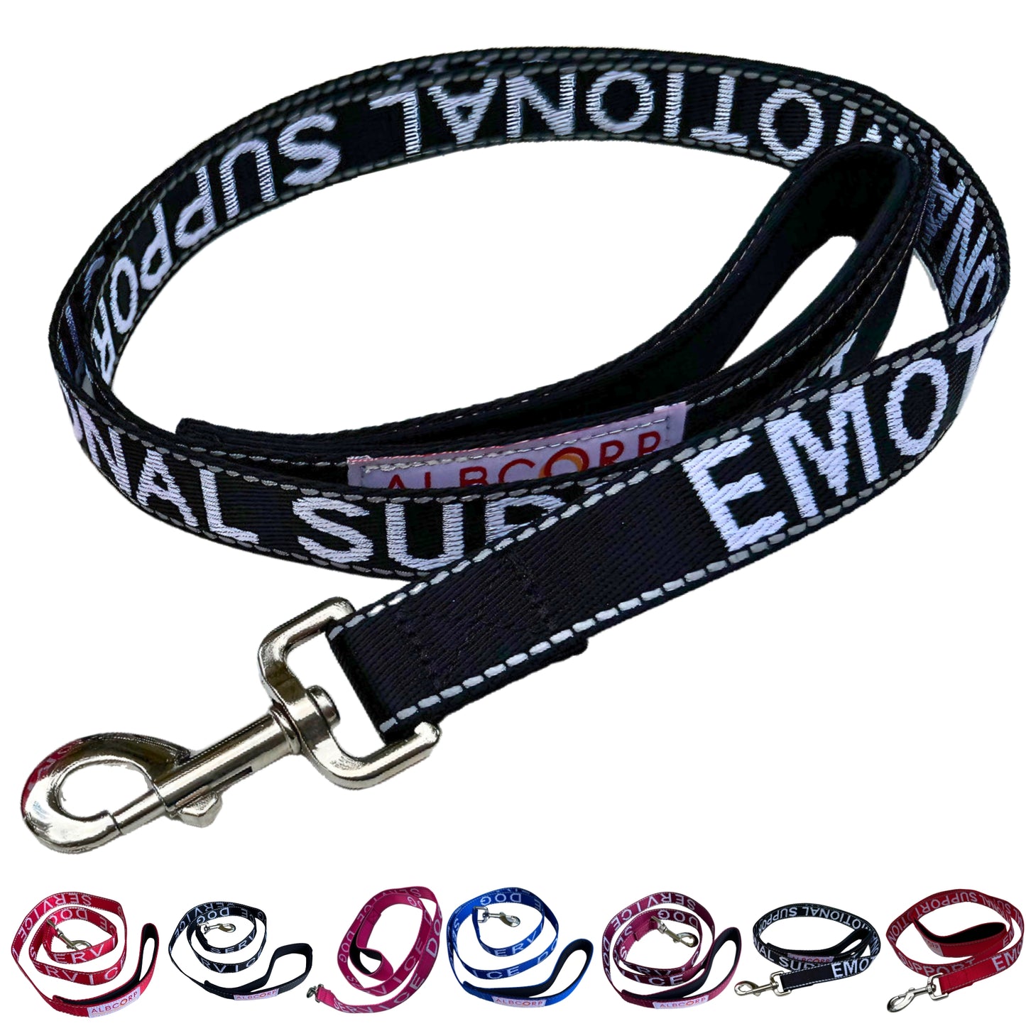 Albcorp Service Dog Leash - Embroidered- Emotional Support Dog Leash with Padded Neoprene Handle and Reflective Threads, 4 Feet, for Harnesses, Vests or Collars-Service Dog Leash-AlbCorpShop