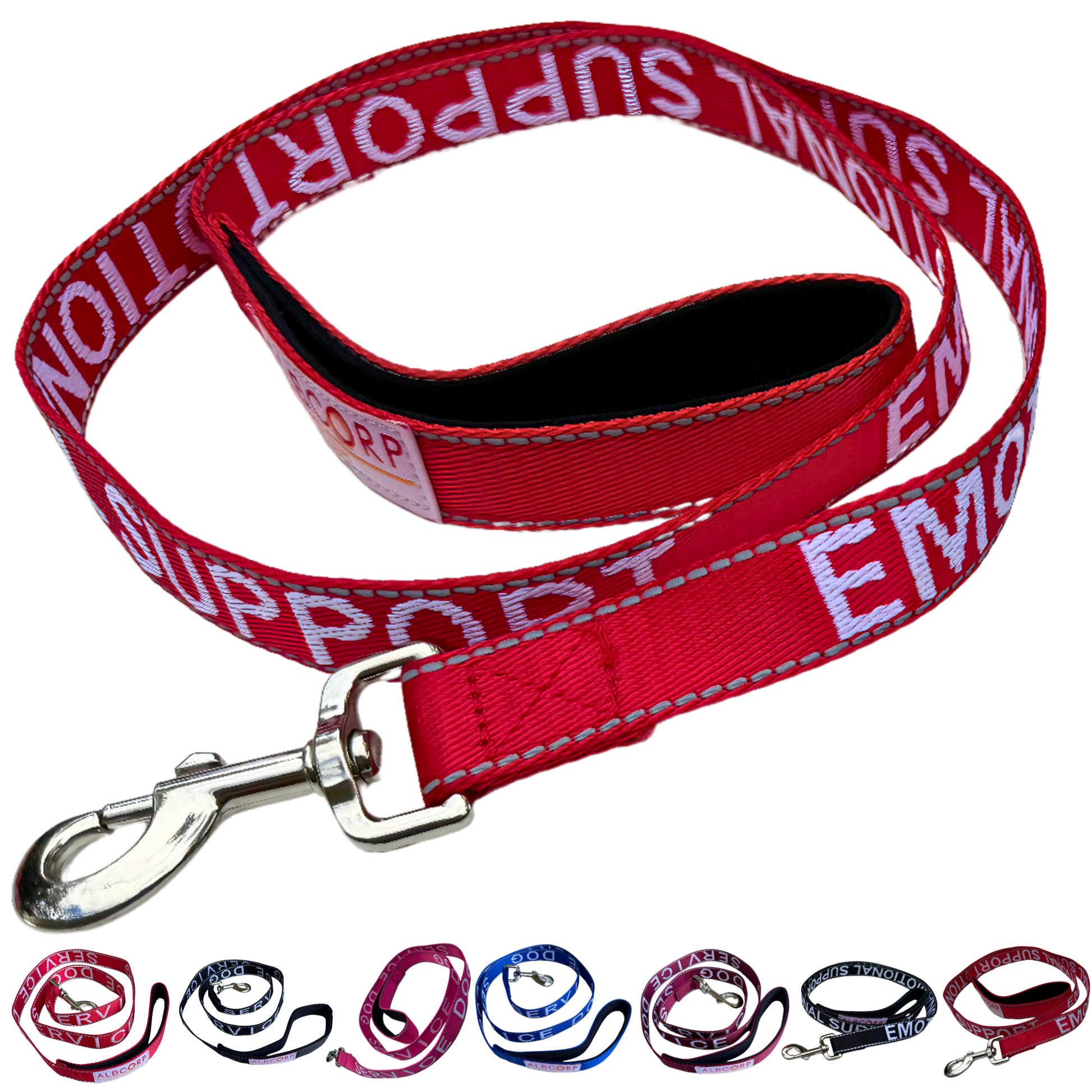 Albcorp Service Dog Leash - Embroidered- Emotional Support Dog Leash with Padded Neoprene Handle and Reflective Threads, 4 Feet, for Harnesses, Vests or Collars-Service Dog Leash-AlbCorpShop