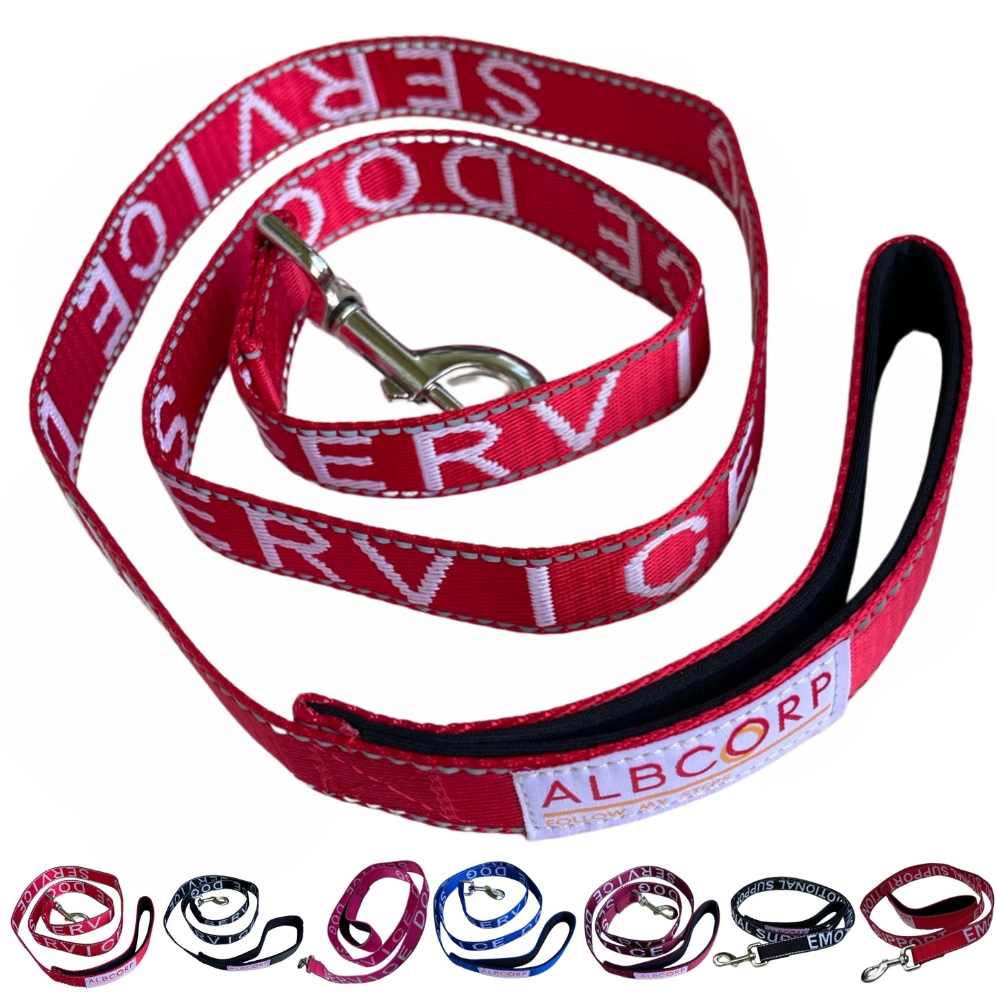 Albcorp Service Dog Leash - Embroidered- Emotional Support Dog Leash with Padded Neoprene Handle and Reflective Threads, 4 Feet, for Harnesses, Vests or Collars-Service Dog Leash-AlbCorpShop