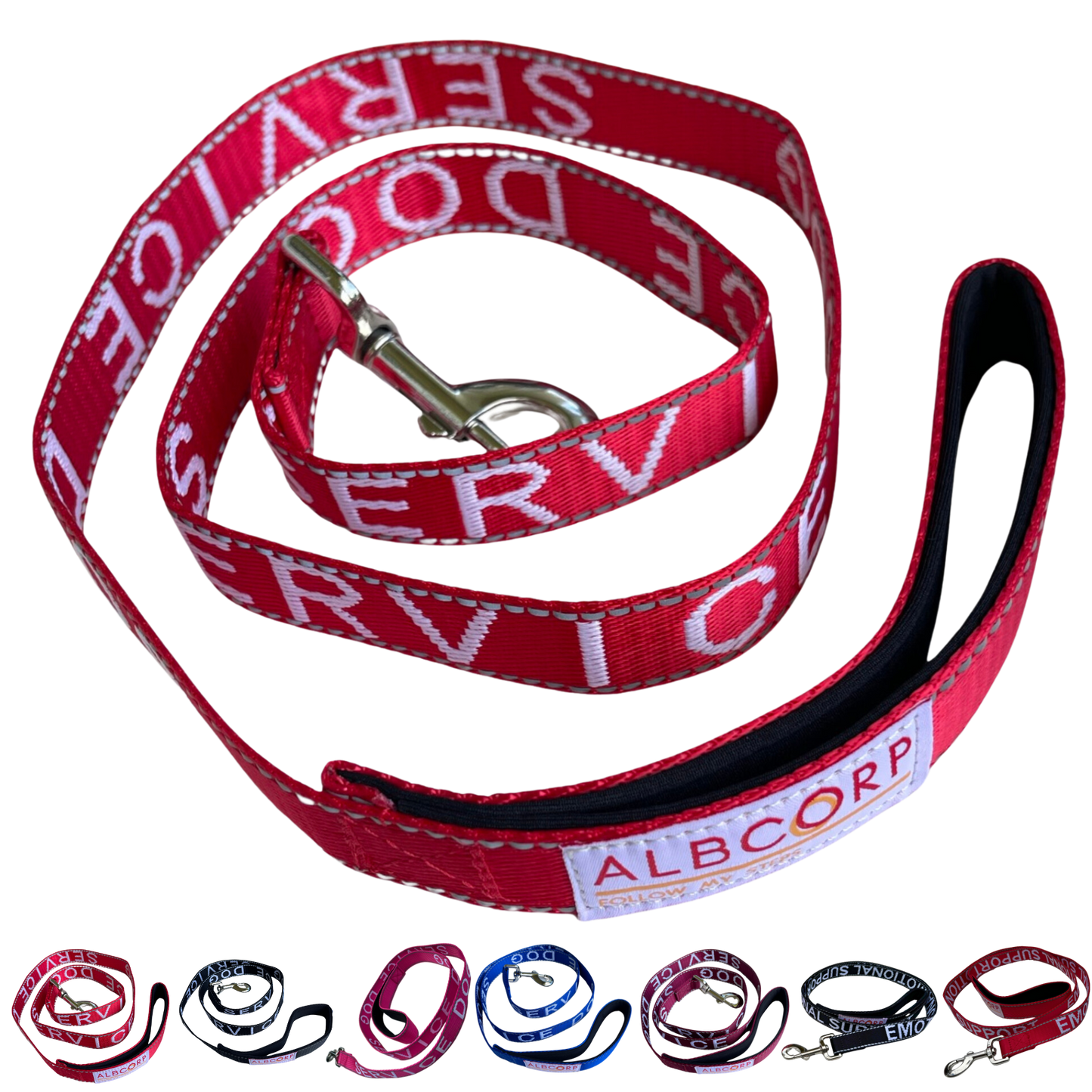 Albcorp Service Dog Leash - Embroidered- Emotional Support Dog Leash with Padded Neoprene Handle and Reflective Threads, 4 Feet, for Harnesses, Vests or Collars-Service Dog Leash-AlbCorpShop