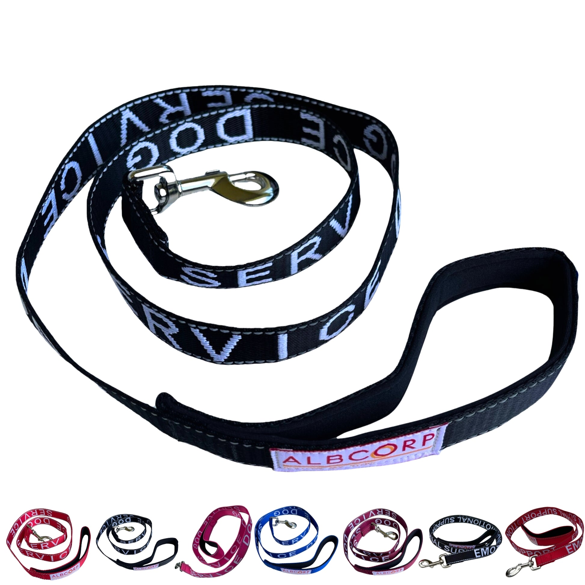 Albcorp Service Dog Leash - Embroidered- Emotional Support Dog Leash with Padded Neoprene Handle and Reflective Threads, 4 Feet, for Harnesses, Vests or Collars-Service Dog Leash-AlbCorpShop